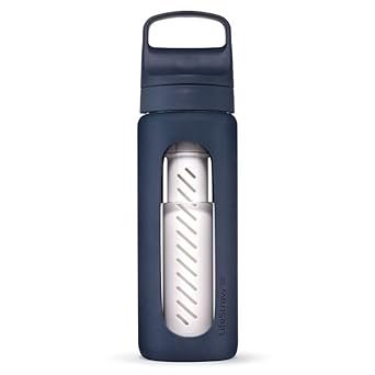 Glass Water Filter Bottle Made from Hand-Blown Glass with Silicone Sleeve for Hydration at Home or on-the-go, 20 oz, Aegean Sea